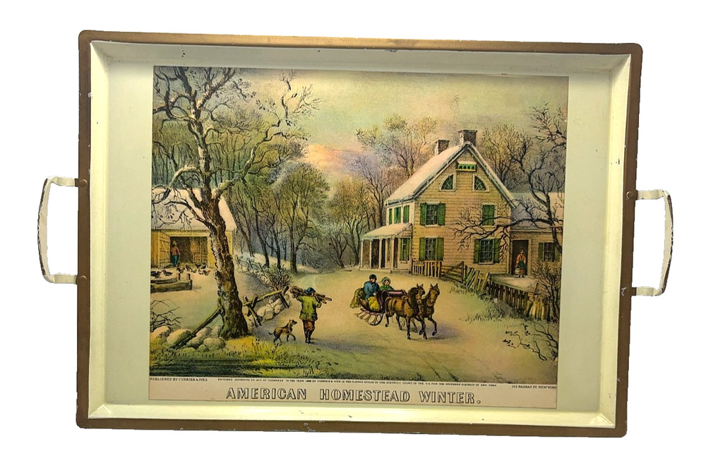 Vintage Nashco American Homestead Winter Metal Tray With Handles 16 x 11